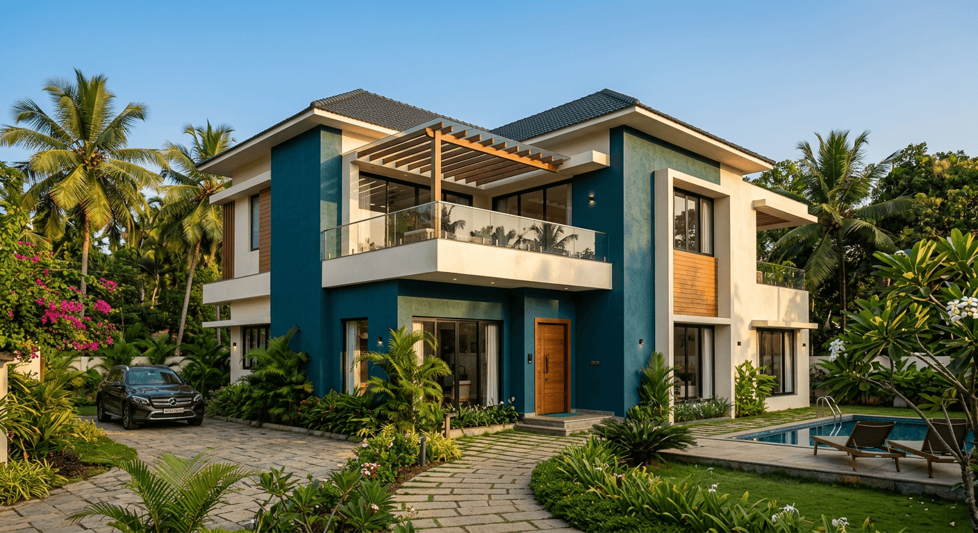 Modern villa exterior painted in deep teal and white