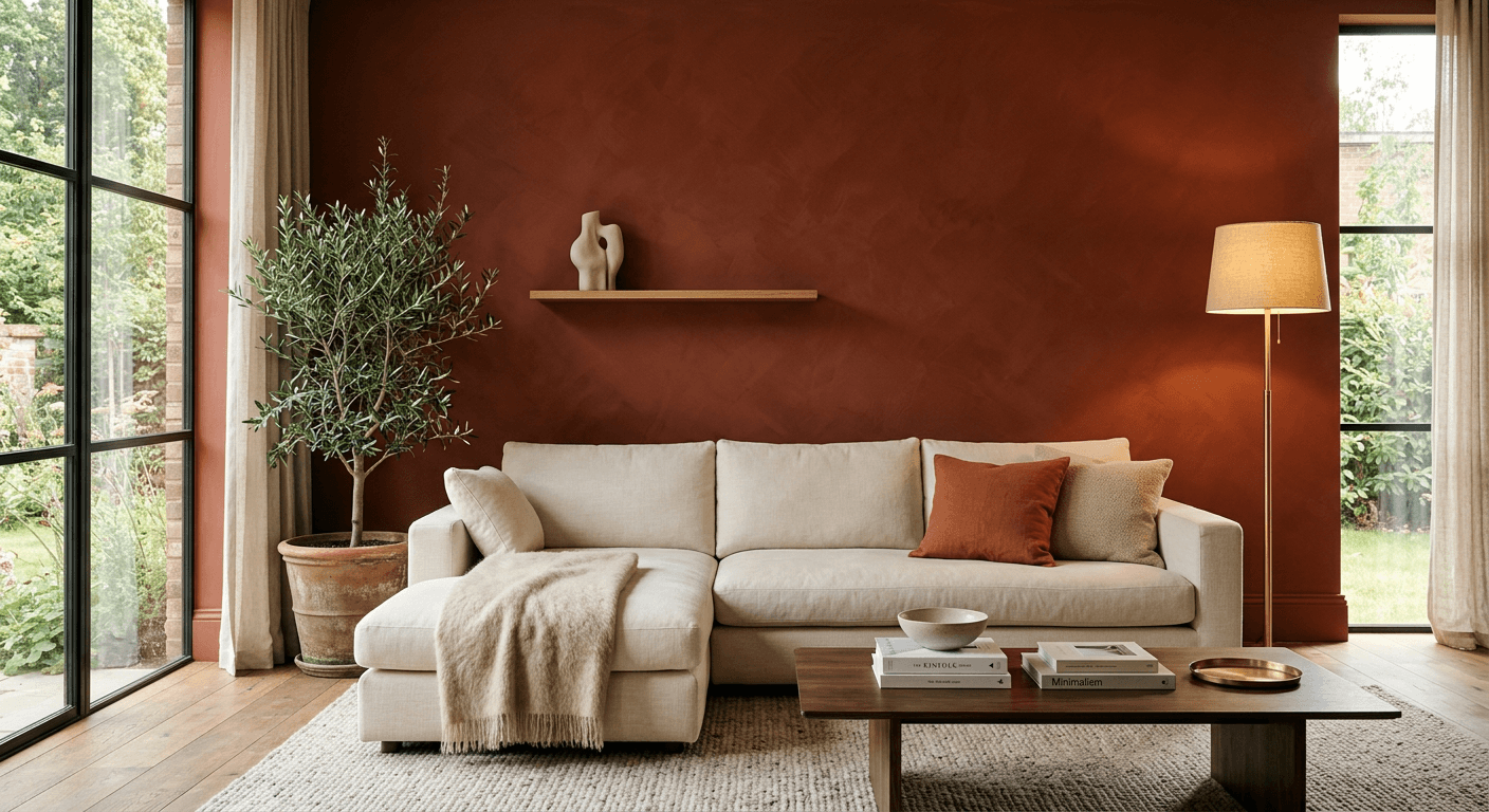 Modern living room with a terracotta painted accent wall