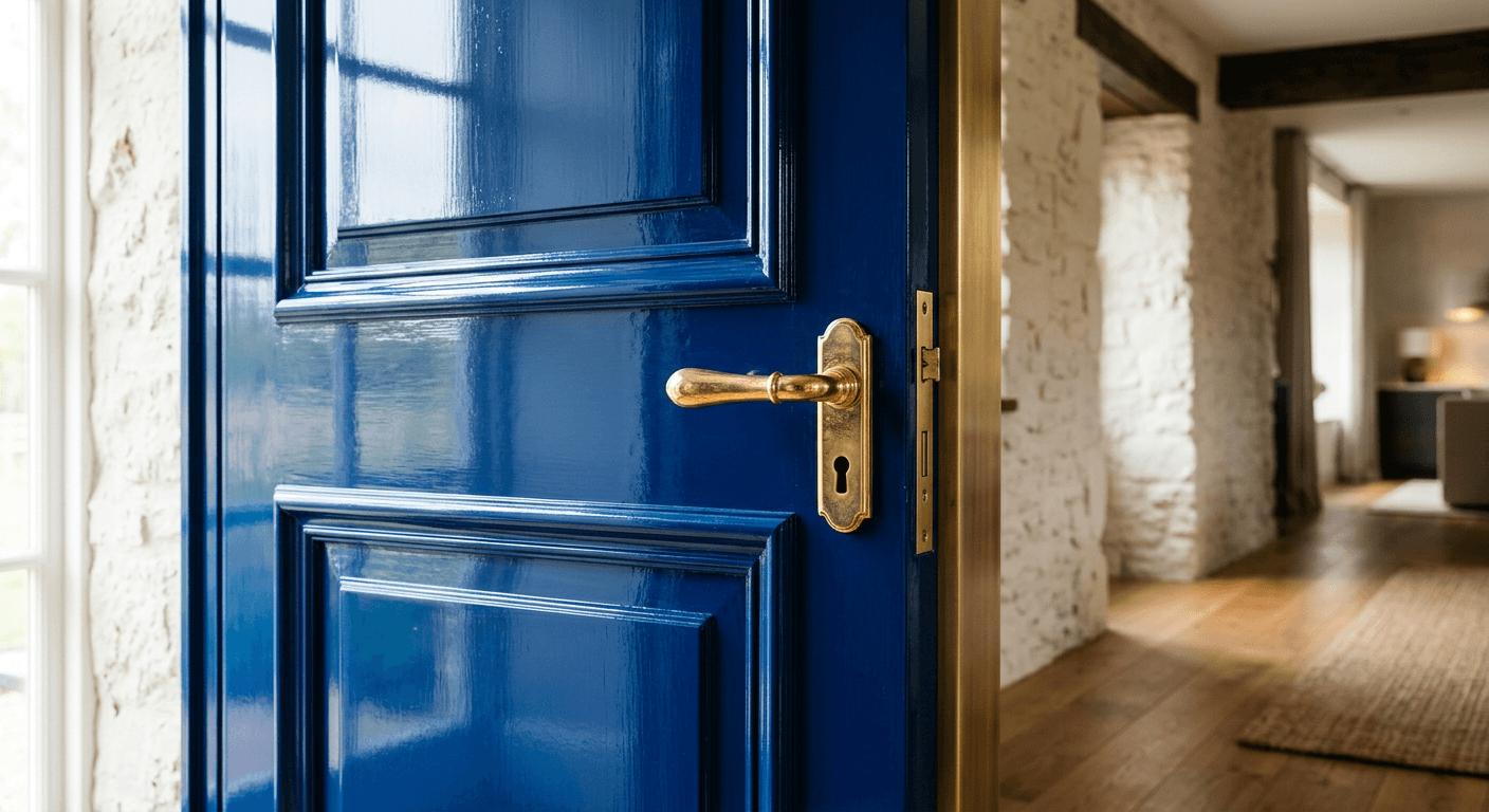 Glossy cobalt blue lacquered wooden door with a brass handle