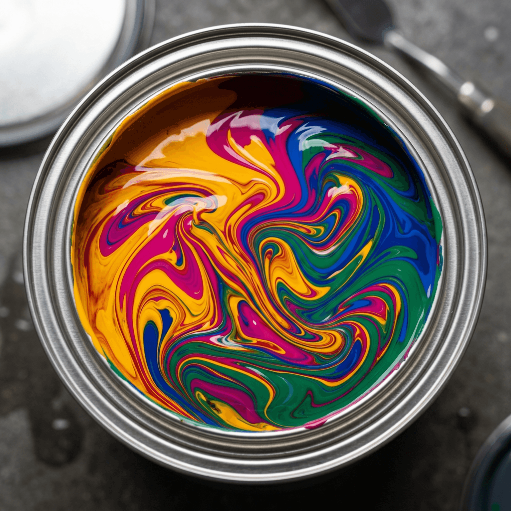Vibrant paint colours swirling in an open paint tin